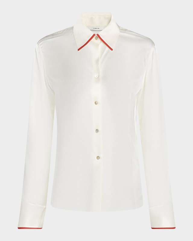 Tipped Slim Silk Long-Sleeve Blous